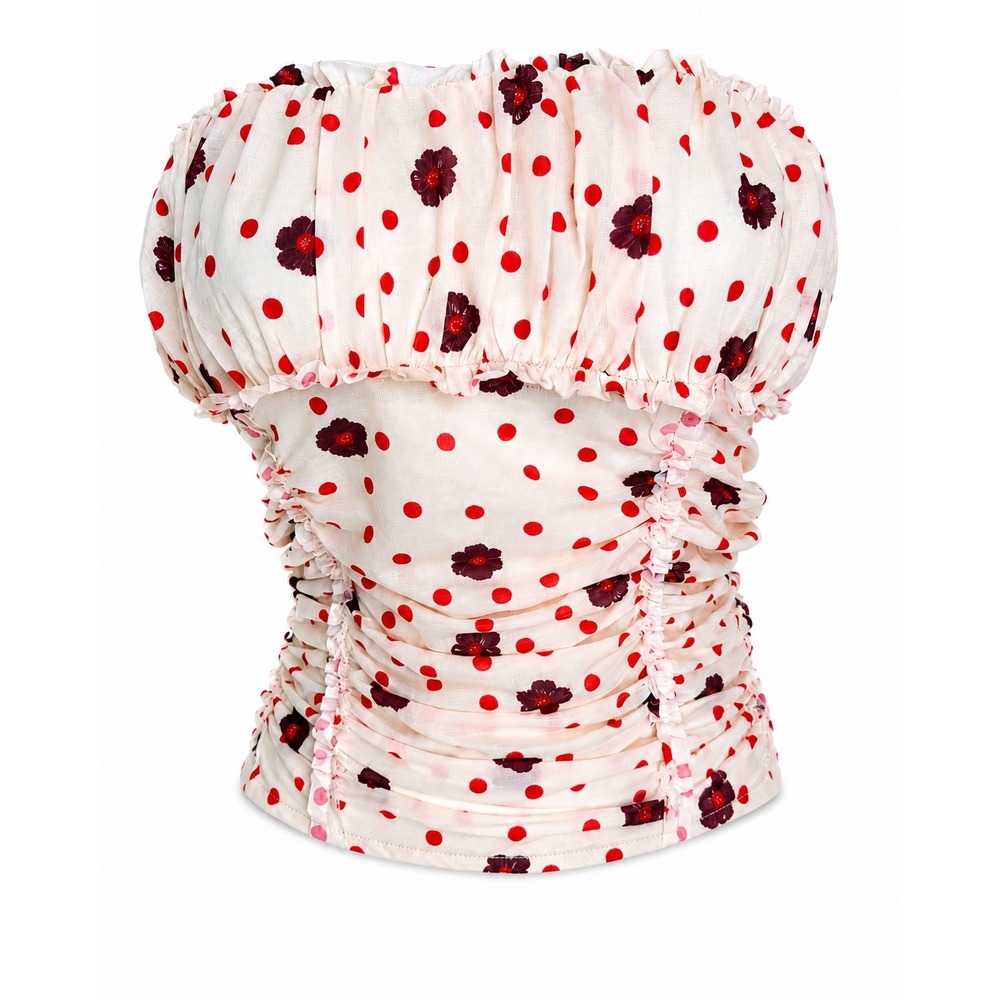 Free People Scottie polka Dot Floral Ruched Smocked Tube‎ Top Cream Red Medium